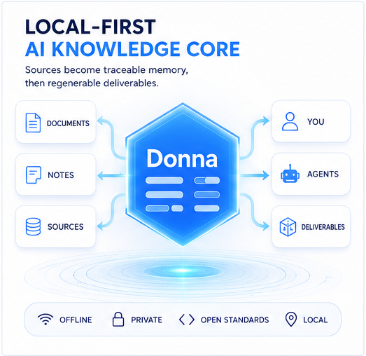 Donna local-first architecture connecting sources, core capabilities and consumers.